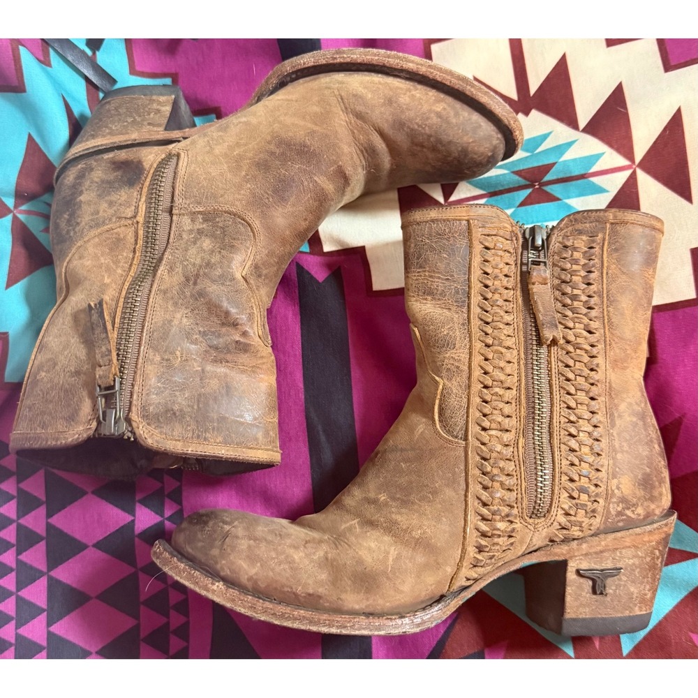 Lane Boots Women Brown Distressed Leather Woven Western Ankle Booties Size 5.5 - Picture 5 of 9